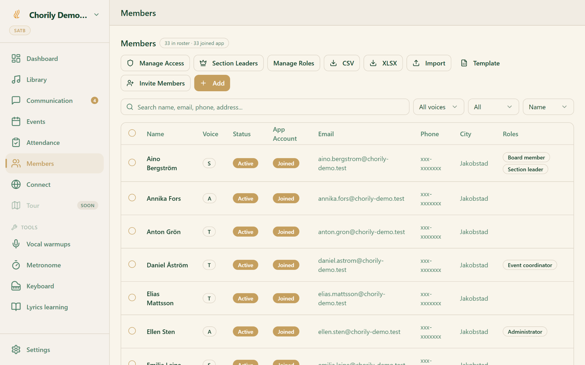 Chorily choir admin dashboard on laptop — members, events and rehearsal overview.