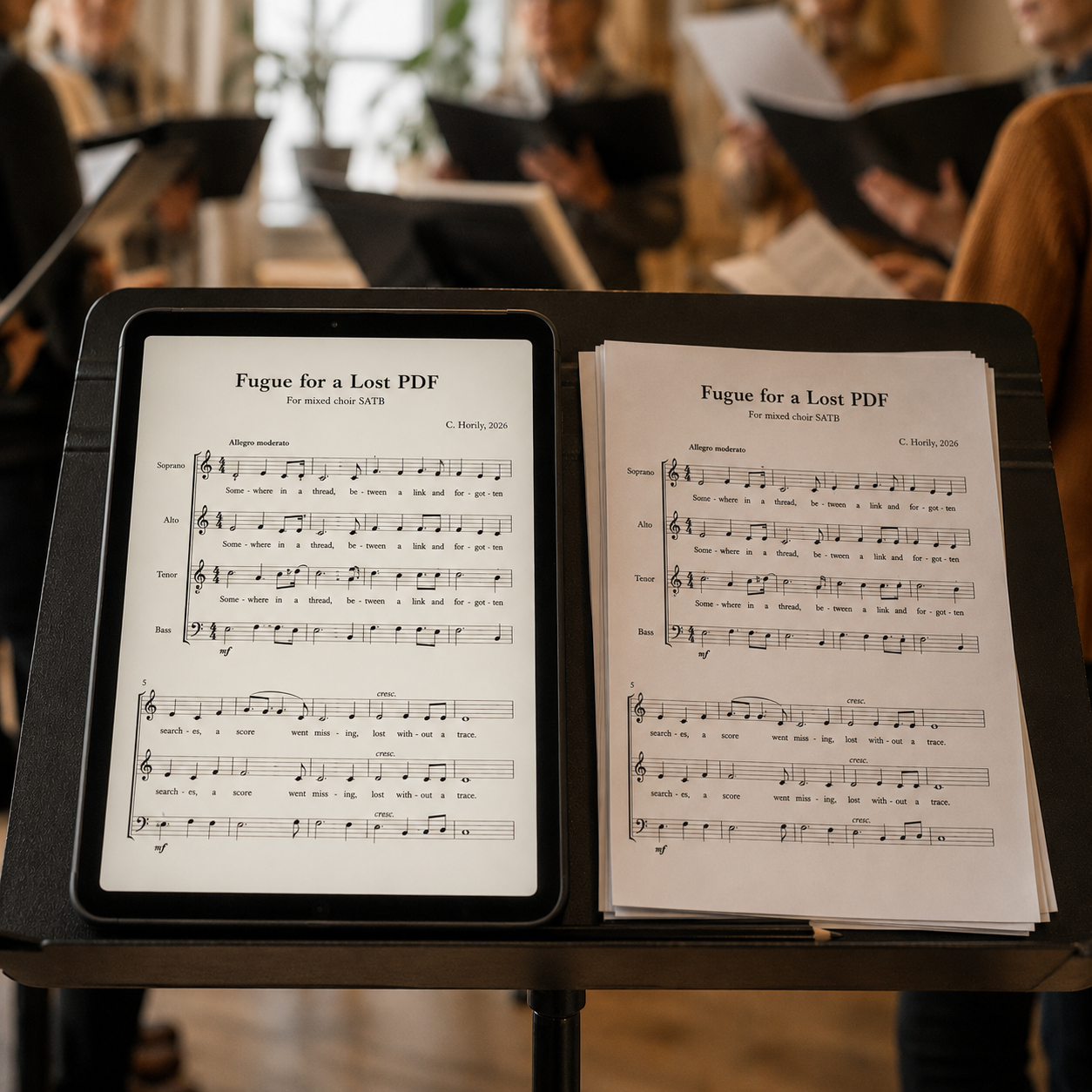 A tablet and printed sheet music side by side on a music stand during choir rehearsal.