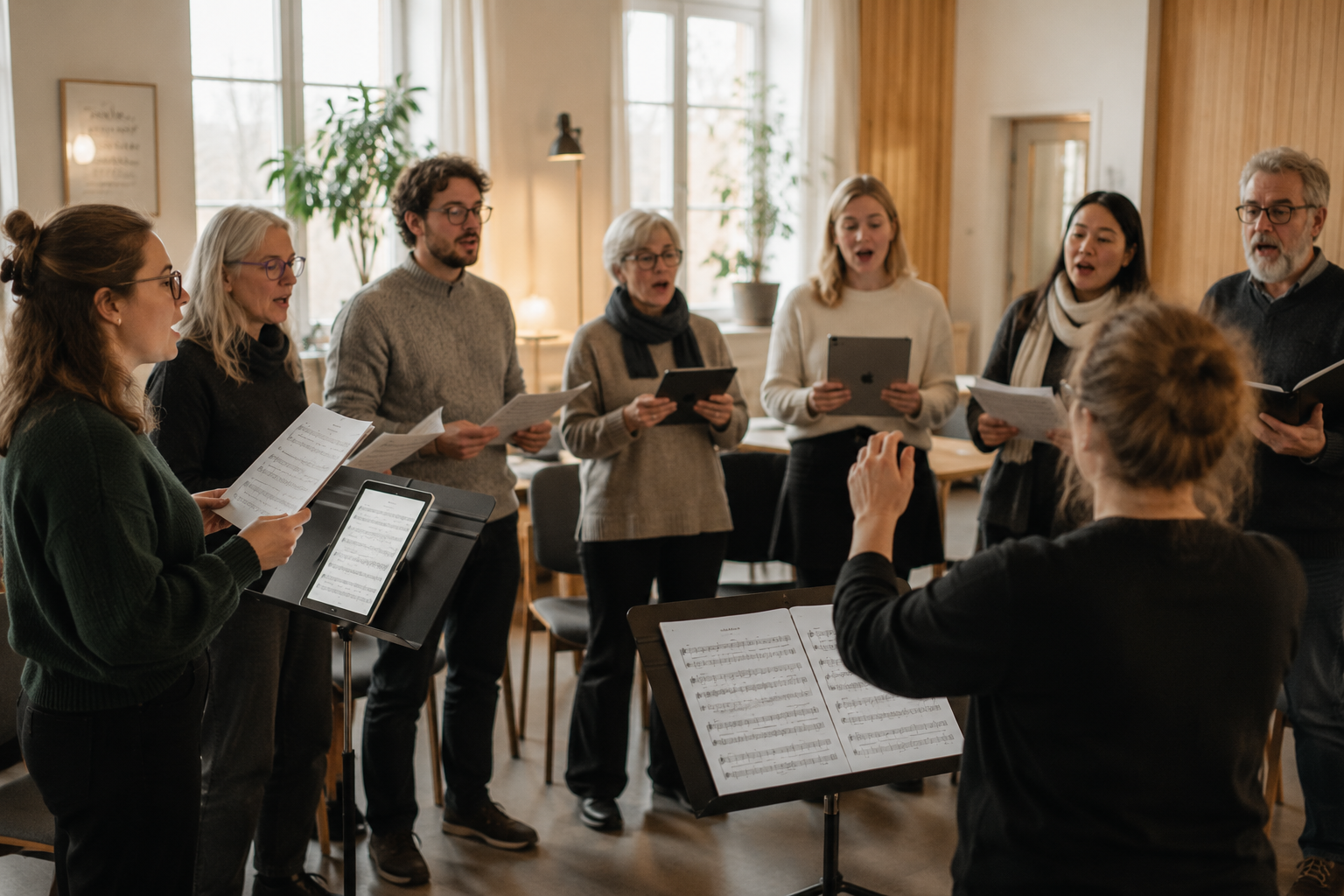 Choir singers rehearsing together in a calm Scandinavian room with both paper scores and tablets.