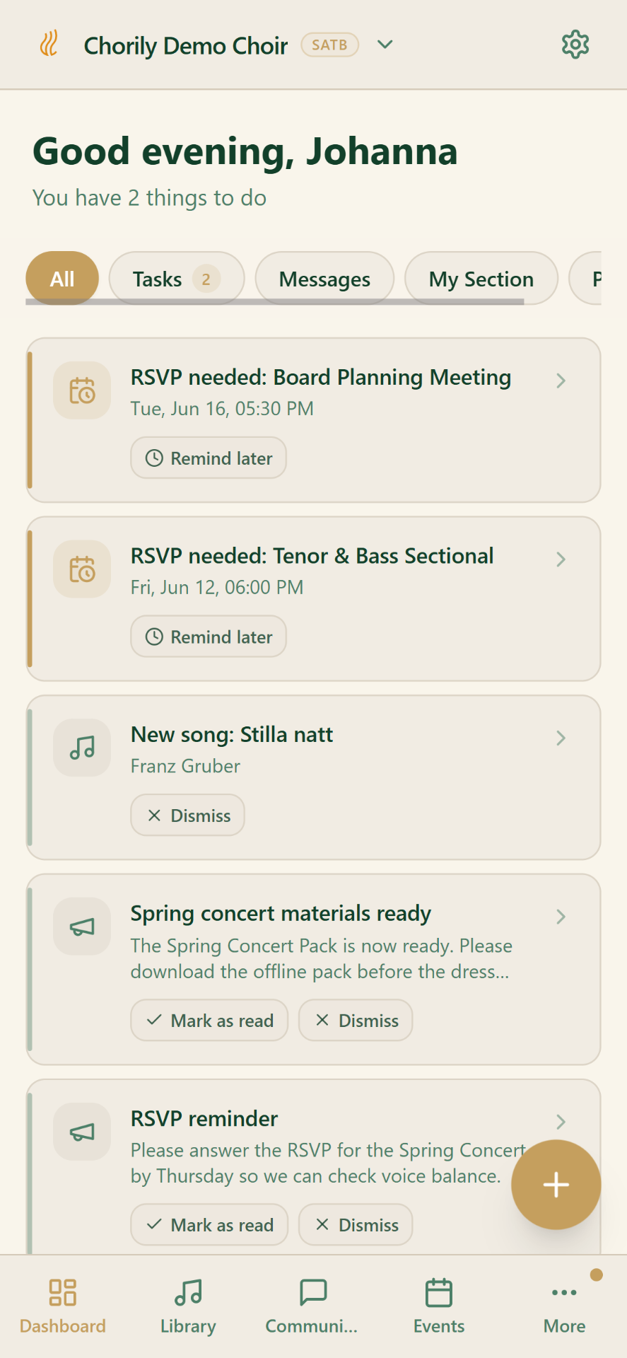 Chorily singer practice hub on phone — today's tasks, RSVPs and new songs.